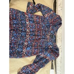 Lucky Brand Boho Peasant Blouse Women's Small Blue Red Floral Paisley 3/4 Sleeve